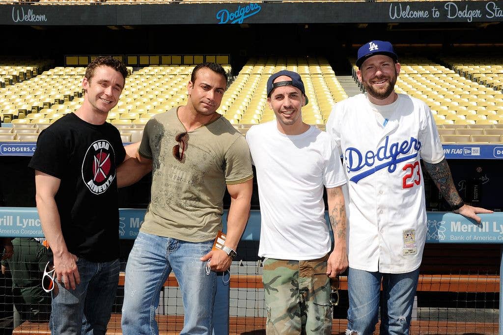 Victor DiMattia, Marty York, Chauncey Leopardi and Grant Gelt attends the "The Sandlot" 20th anniversary tour wrap up at Dodger Stadium on September 1, 2013 in Los Angeles, California. 
