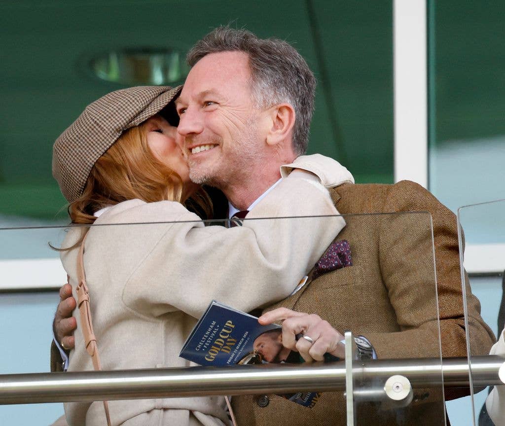 Geri Halliwell-Horner and Christian Horner watch the racing from the balcony of the royal box as they attend day 4 'Gold Cup Day' of the Cheltenham Festival at Cheltenham Racecourse on March 13, 2026 in Cheltenham, England.