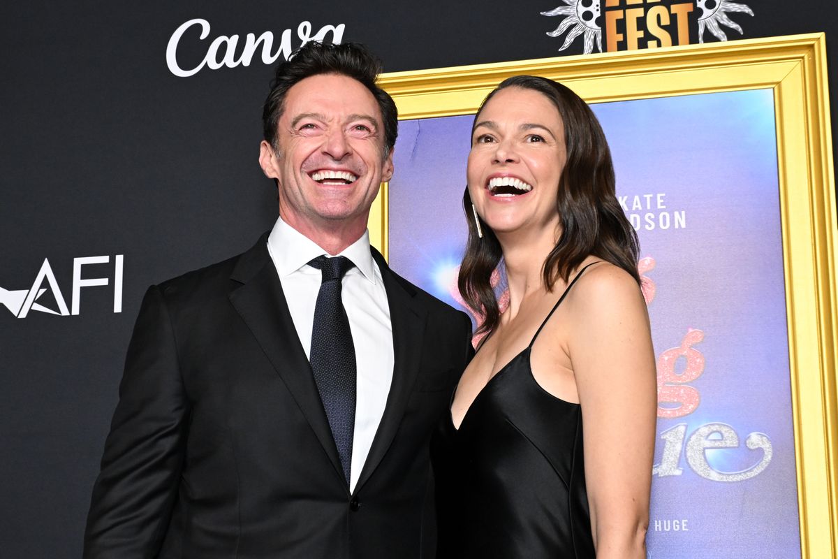 Hugh Jackman and Sutton Foster at the AFI Fest 2025 Closing Night Premiere of "Song Sung Blue" held at the TCL Chinese Theatre on October 26, 2025 in Los Angeles, California. (Photo by Gilbert Flores/Variety via Getty Images) 