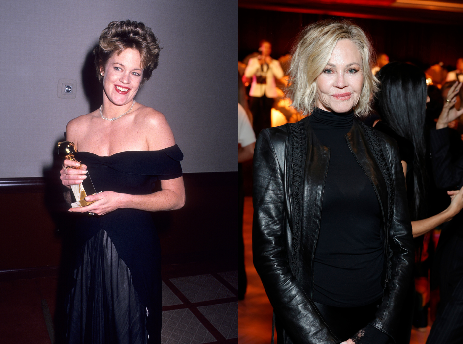 Melanie Griffith in a black, off the shoulder dress holding a Golden Globe award and smiling towards the left of the image with her head tilted. To the right, Melanie Griffith in present day wearing a black turtleneck dress and black leather jacket with bobbed blonde hair.