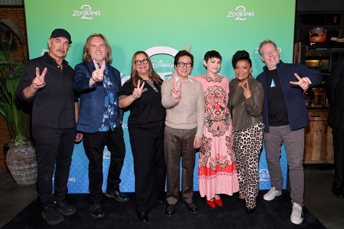 (L-R) Patrick Warburton, Byron Howard, Yvett Merino, Ke Huy Quan, Ginnifer Goodwin, Yvette Nicole Brown and Jared Bush attend Disney's "Zootopia 2" photo call.
