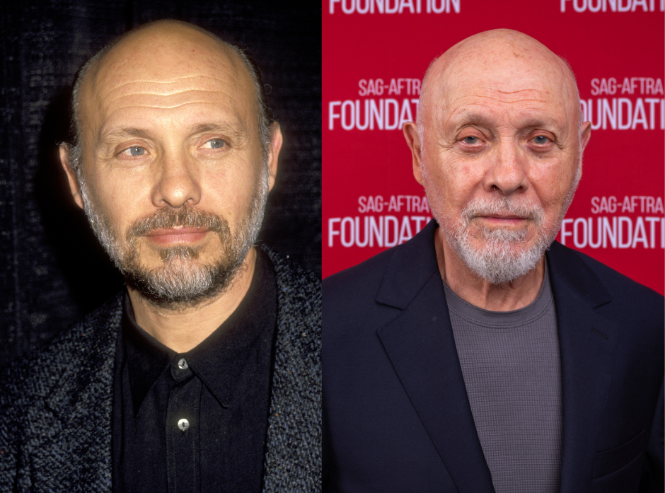 Hector Elizondo on the left as a young man in a black shirt and charcoal textured jacket and on the in current day wearing a grey top and a black suit jacket. 