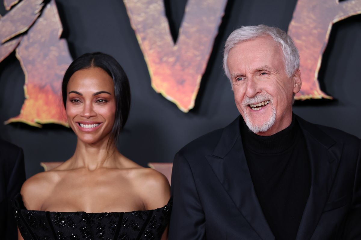 Zoe Saldaña and James Cameron attend the "Avatar: Fire And Ash" European Premiere on December 05, 2025