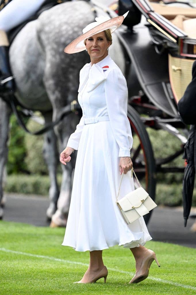 Sophie, Duchess of Edinburgh in a pussybow white neck dress