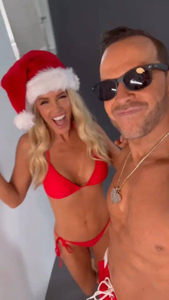 photo of jenny mccarthy in red bikini and santa hat and donnie wahlberg topless