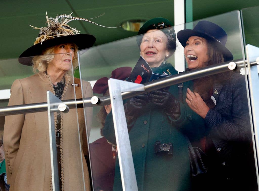Queen Camilla, Princess Anne, Princess Royal and Carole Middleton watch the racing from the balcony of the Royal Box