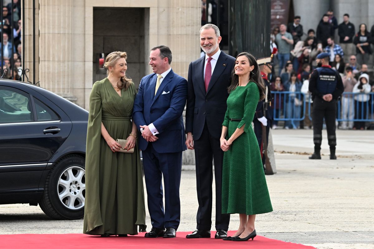 The Luxembourg royals were welcomed at the palace by King Felipe VI and Queen Letizia of Spain during Stéphanie and Guillaume’s first official trip to Spain since the succession. 