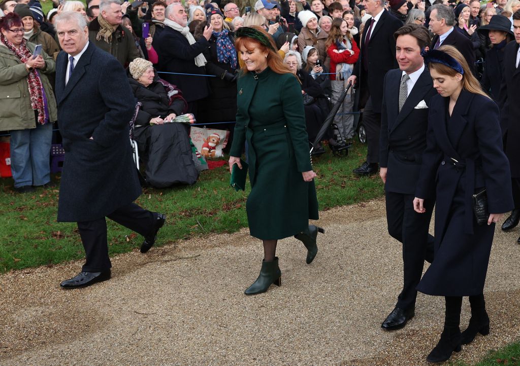Britain's Prince Andrew, Duke of York (L), Sarah, Duchess of York (2L) Edoardo Mapelli Mozzi (2R) and Britain's Princess Beatrice of York (R) arrive for the Royal Family's traditional Christmas Day service at St Mary Magdalene Church on the Sandringham Estate in eastern England