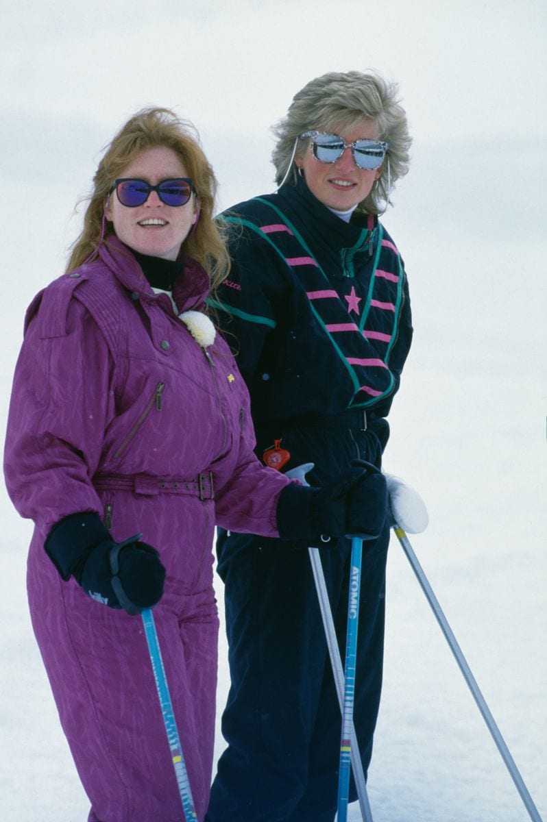 British royal Sarah, Duchess of York and Diana, Princess of Wales during a holiday at the ski resort of Klosters, Switzerland, 9th March 1988