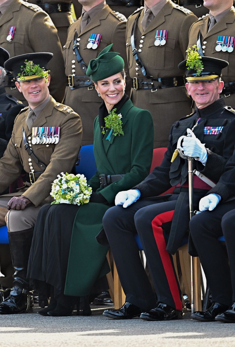 Catherine, Princess of Wales poses for a group photo during the 2026 Irish Guards' St. Patrick's Day Parade at Mons Barracks on March 17, 2026 in Aldershot, England. 