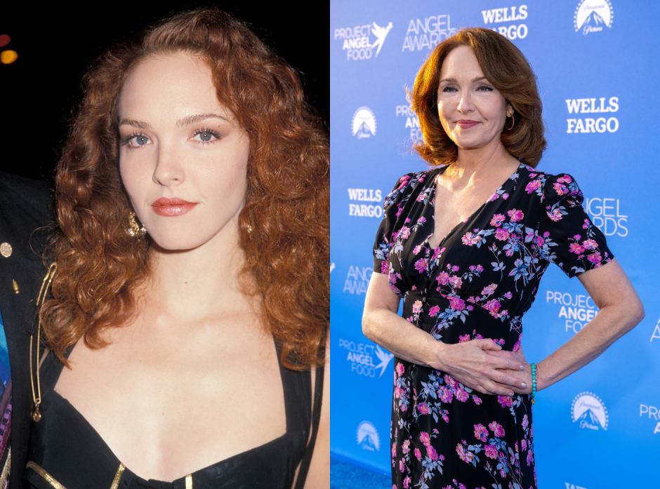 Split image of Amy Yasbeck, on the left in 1990 wearing a halterneck black top with gold piping and on the right in 2025, wearing a black dress with a purple and pink floral print, holding both her hands on her left hip.