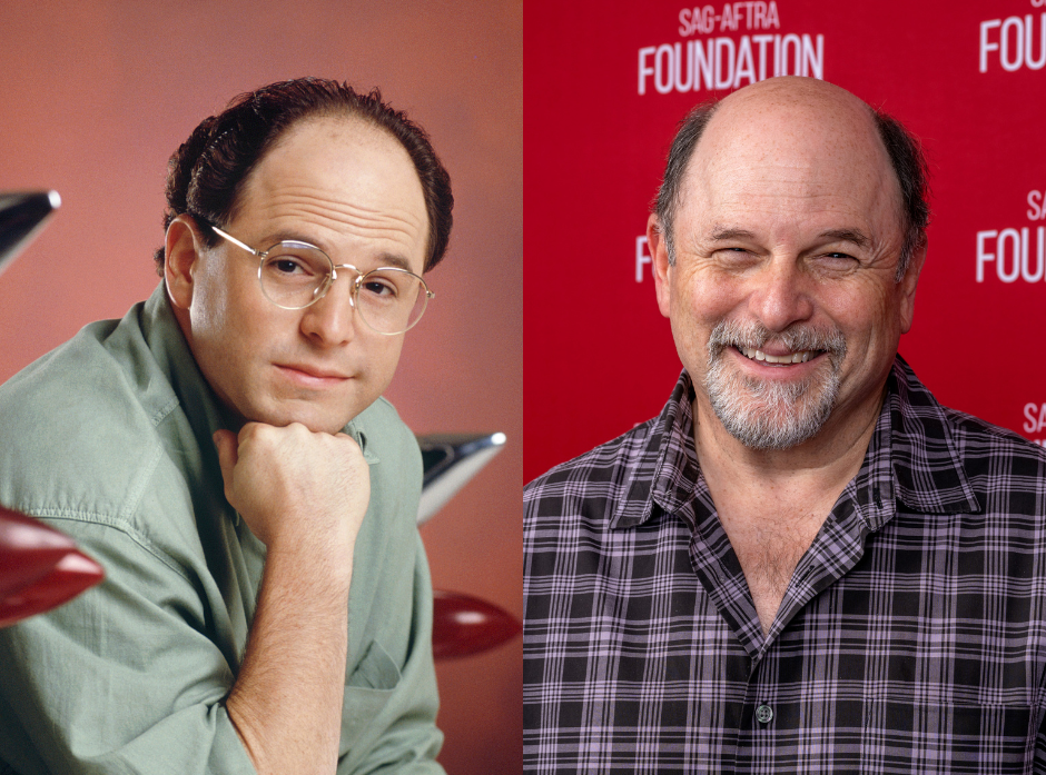 Split image of Jason Alexander, on the left in a promo shot for Seinfeld wearing a green shirt and resting his chin on his hand, looking straight at the camera through circular glasses. On the right, smiling recently in a purple check shirt. 