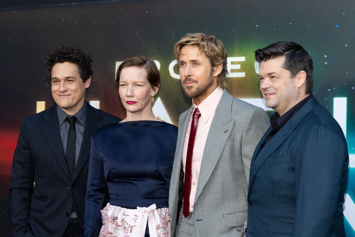 Directors Phil Lord and Chris Miller alongside actors Sandra Huller and Ryan Gosling