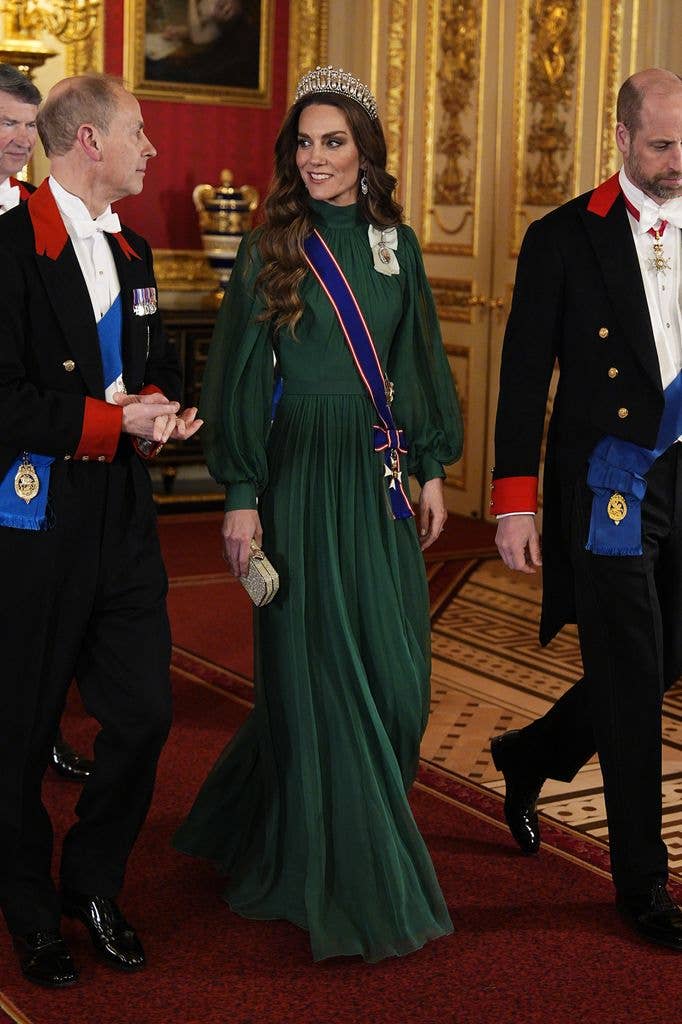  Edward, Duke of Edinburgh with Catherine, Princess of Wales and Prince William, Prince of Wales arrive to attend a State Banquet in St George's Hall on day one of their state visit to the UK at Windsor Castle on March 18, 2026 in Berkshire, England. (Photo by Aaron Chown - WPA Pool/Getty Images)