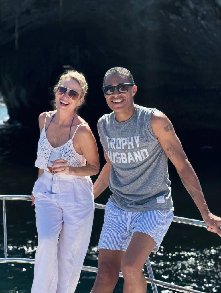 Amy Robach and T.J. Holmes pose for a photo on a yacht in Mexico, shared on Instagram