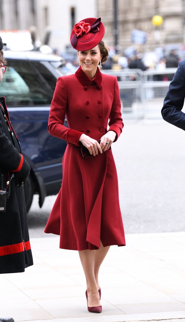 Kate Middleton wearing red Catherine Walker coat at Commonwealth Day Service 2020