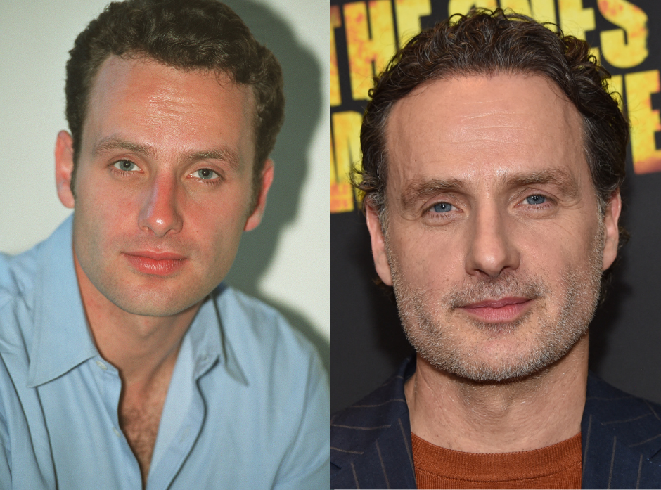 Split image of Andrew Lincoln in 2001 in a blue shirt open at the neck and in 2024 in a rust brown tshirt and dark jacket.