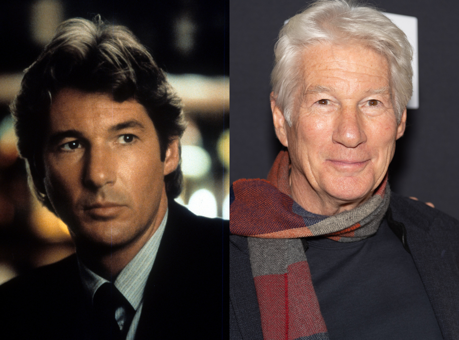 Split image of Richard Gere, shown as a young man in a suit in 1990 on the left and on the right in a black shirt with a colour blocked scarf in 2025.