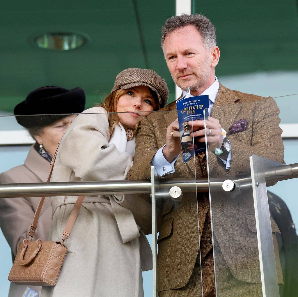Geri Halliwell-Horner and Christian Horner watch the racing from the balcony of the royal box as they attend day 4 'Gold Cup Day' of the Cheltenham Festival at Cheltenham Racecourse on March 13, 2026 in Cheltenham, England.
