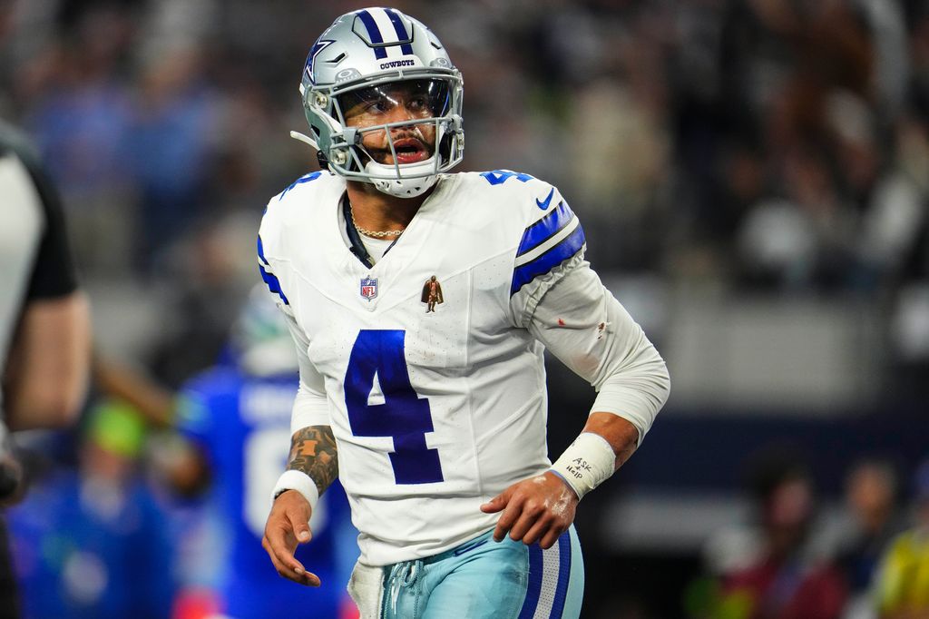 Dak Prescott #4 of the Dallas Cowboys looks on from the field in 2023