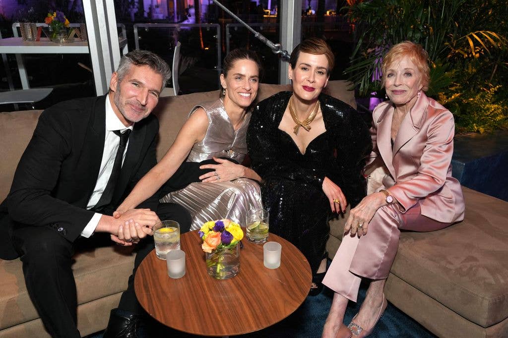 David Benioff, Amanda Peet, Sarah Paulson, and Holland Taylor attend the 2023 Vanity Fair Oscar Party Hosted By Radhika Jones at Wallis Annenberg Center for the Performing Arts on March 12, 2023 in Beverly Hills, California