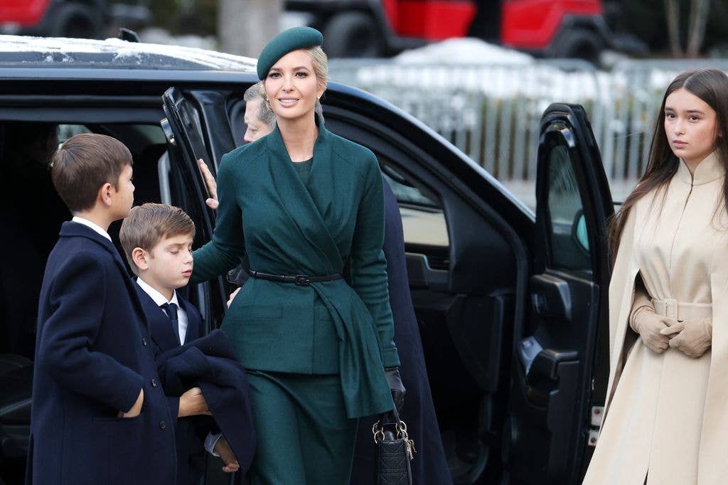 Ivanka Trump was all about vintage-inspired sophistication in her emerald-green coat-dress and matching fascinator. The structured tailoring and cinched waist gave her a polished, old-school charm with a modern twist. 