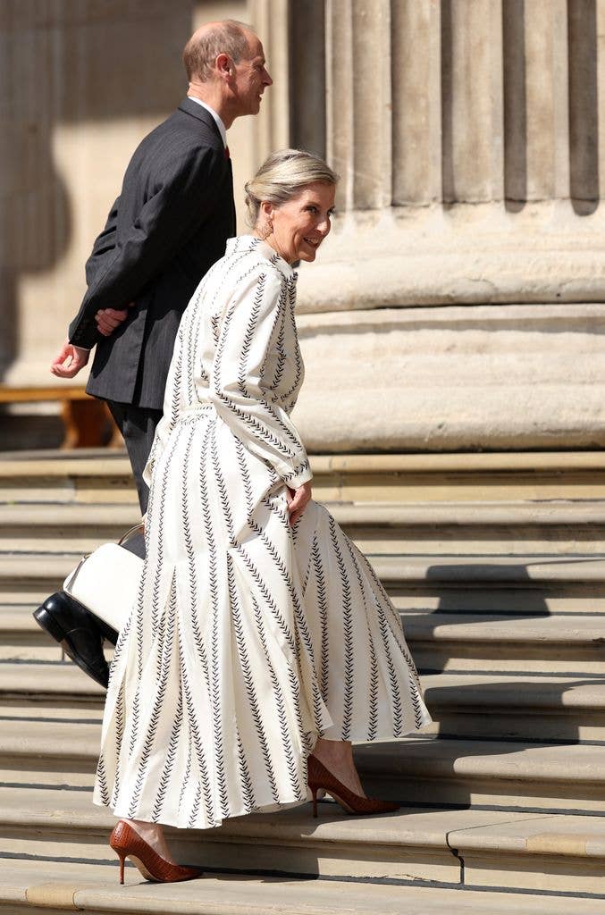 Britain's Prince Edward, Duke of Edinburgh and Britain's Sophie, Duchess of Edinburgh arrive at the British Museum to view the final design for the Queen Elizabeth Memorial, in central London on April 21, 2026, on the day marking what would have been the late monarch's 100th birthday