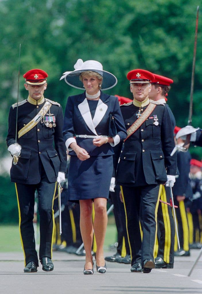 Diana, Princess of Wales, presents new colours to the Light Dragoon Guards Regiment, in Bergen-Hohne in navy and white look