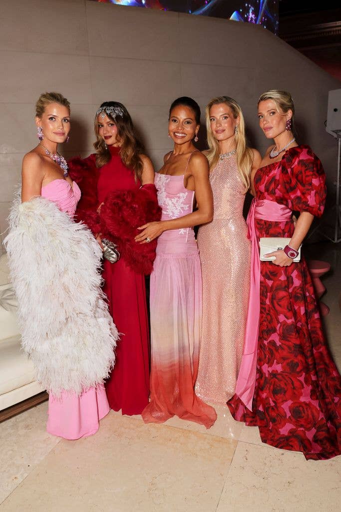 Lady Kitty Spencer, Natasha Poonawalla, Emma Thynn, Marchioness of Bath, Lady Eliza Spencer and Lady Amelia Spencer lined up in pink dresses