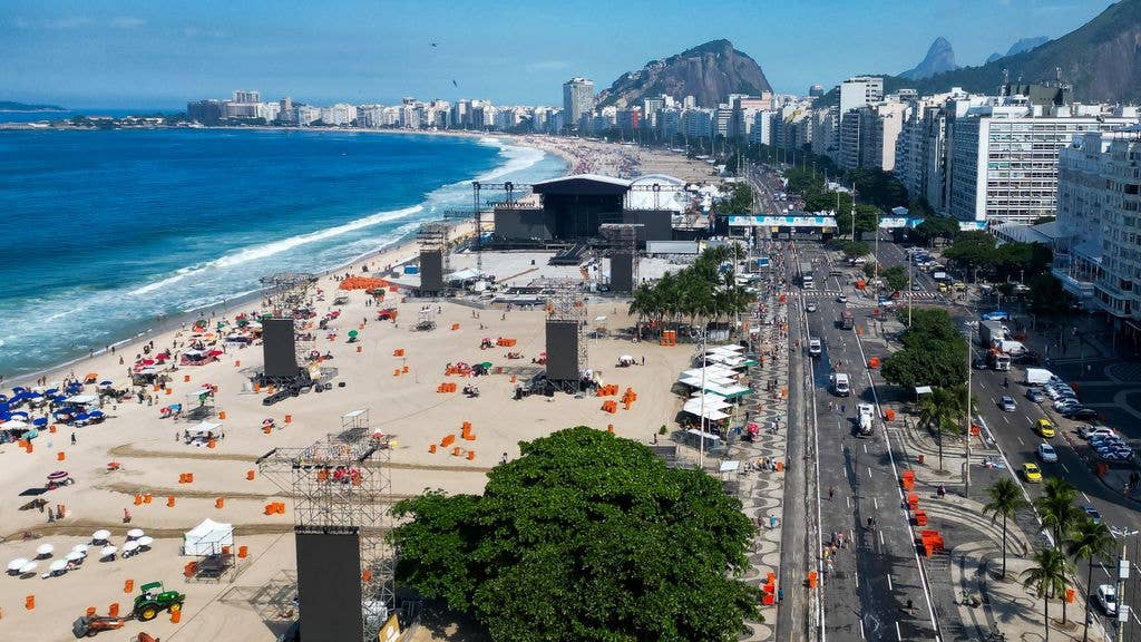 In an aerial view, builders work on dismantling the stage on the day after Lady Gaga's free show at Copacabana Beach on May 04, 2025 in Rio de Janeiro, Brazil