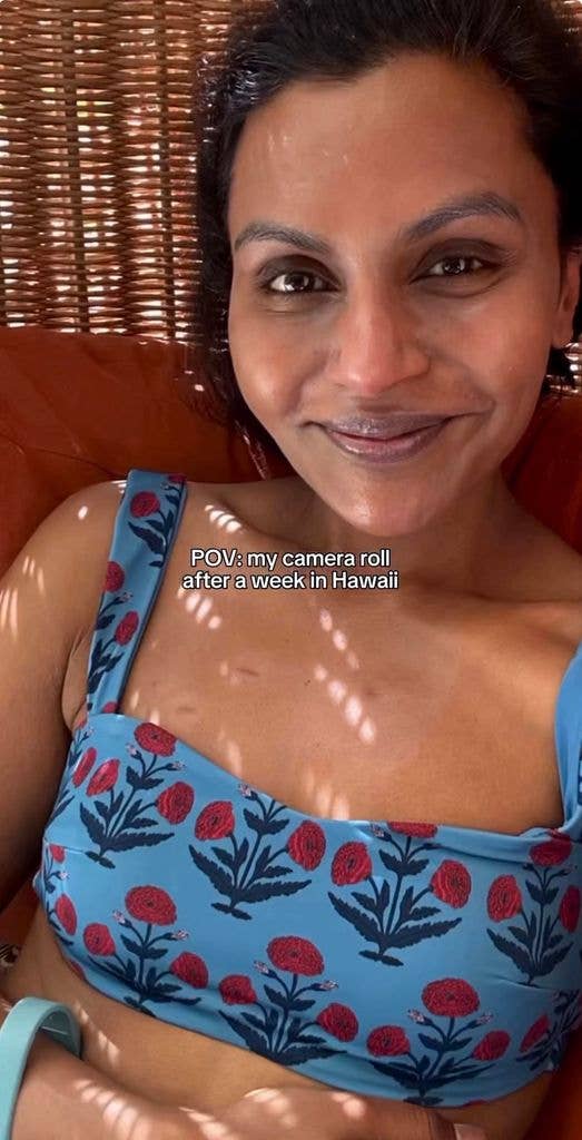 Mindy Kaling takes a selfie in a blue bikini top while in Hawai'i, shared on Instagram