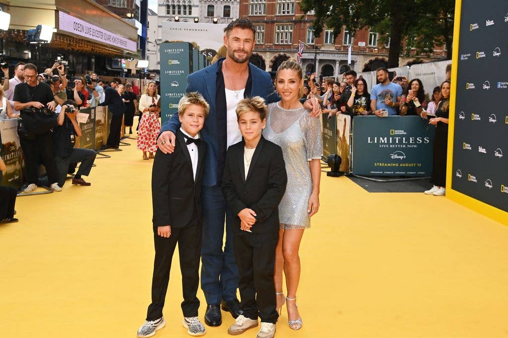 Chris Hemsworth (2L) and Elsa Pataky pose with children Tristan Hemsworth and Sasha Hemsworth at the Disney+ World Premiere of National Geographic's 'Limitless: Live Better Now' with BUPA at Odeon Luxe Leicester Square on July 17, 2025 in London, England