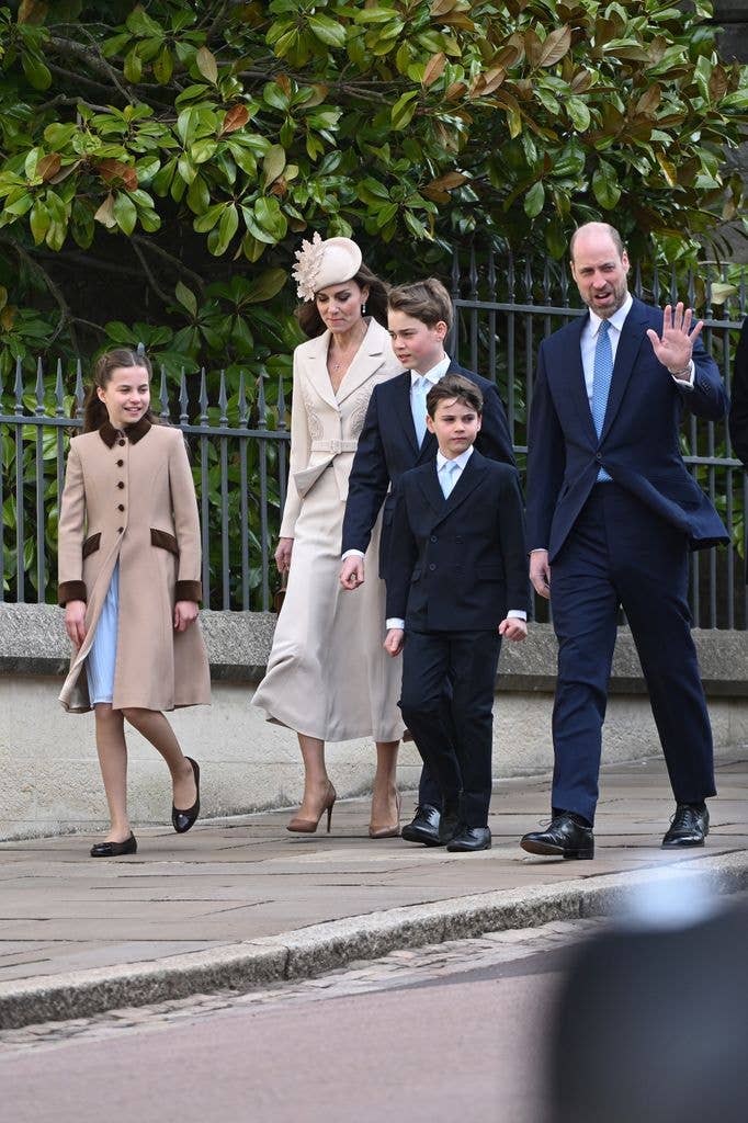  Princess Charlotte of Wales, Catherine, Princess of Wales, Prince George of Wales, Prince Louis of Wales and Prince William, Prince of Wales attend the 2026 Easter Matins Service at St George's Chapel