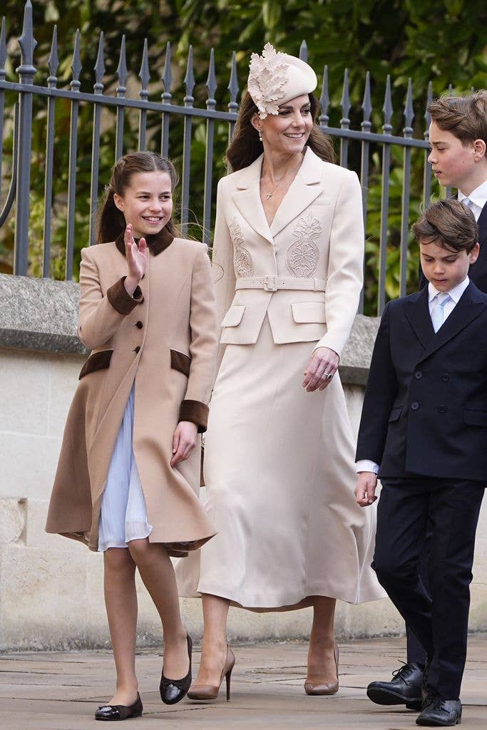 The Princess of Wales with her children, Prince George, Princess Charlotte and Prince Louis, arriving to attend the Easter Service at St George's Chapel, Windsor Castle, Berkshire