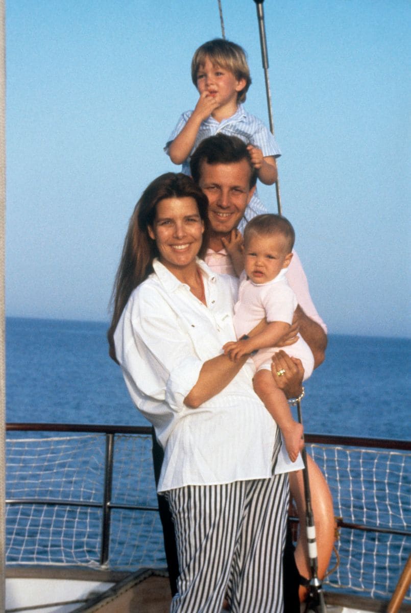 Princess Caroline of Monaco in a boat together with her husband Stefano Casiraghi, and their two children Andrea and Charlotte..