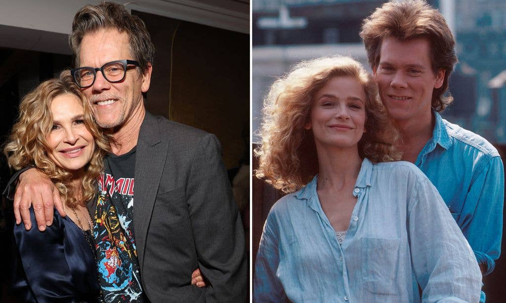 Kevin Bacon and Kyra Sedgwick smiling with arms around each other on the left and a younger version of them on the right
