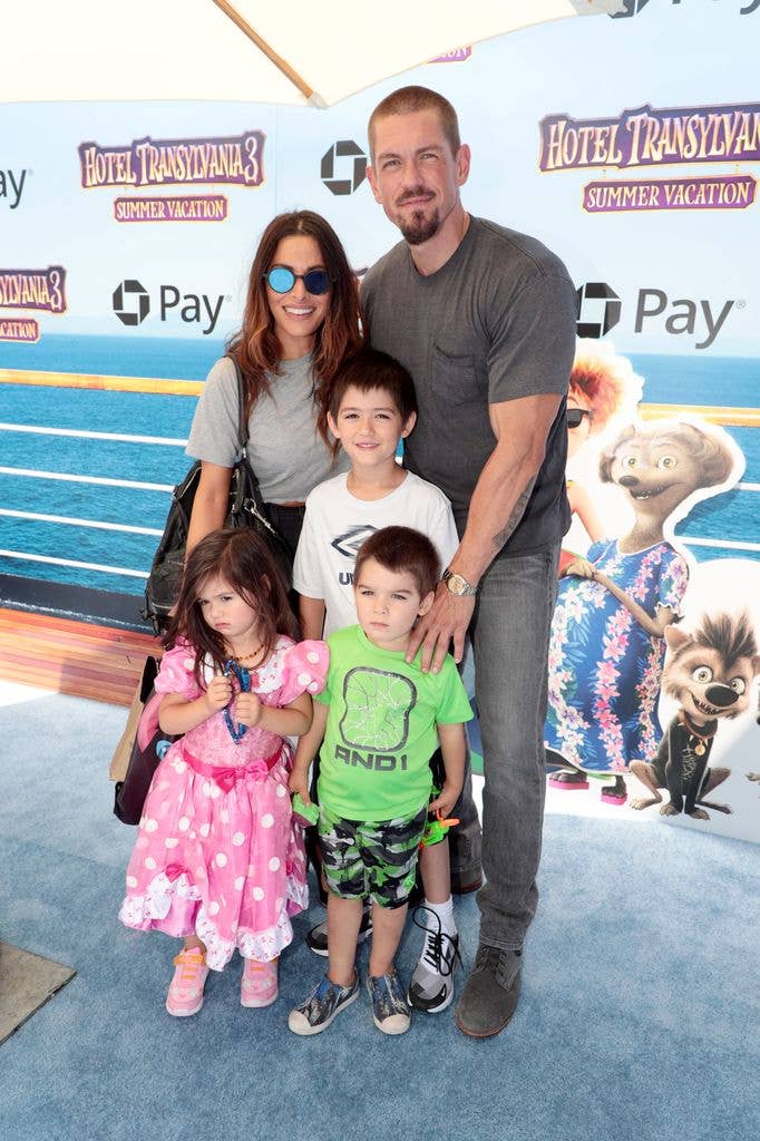 Sarah Shahi, Violet Moon Howey, William Wolf Howey, Knox Blue Howey and  Steve Howey seen at Columbia Pictures and Sony Pictures Animation World Premiere of 'Hotel Transylvania 3: Summer Vacation' at the Regency Village Theater, June 2018