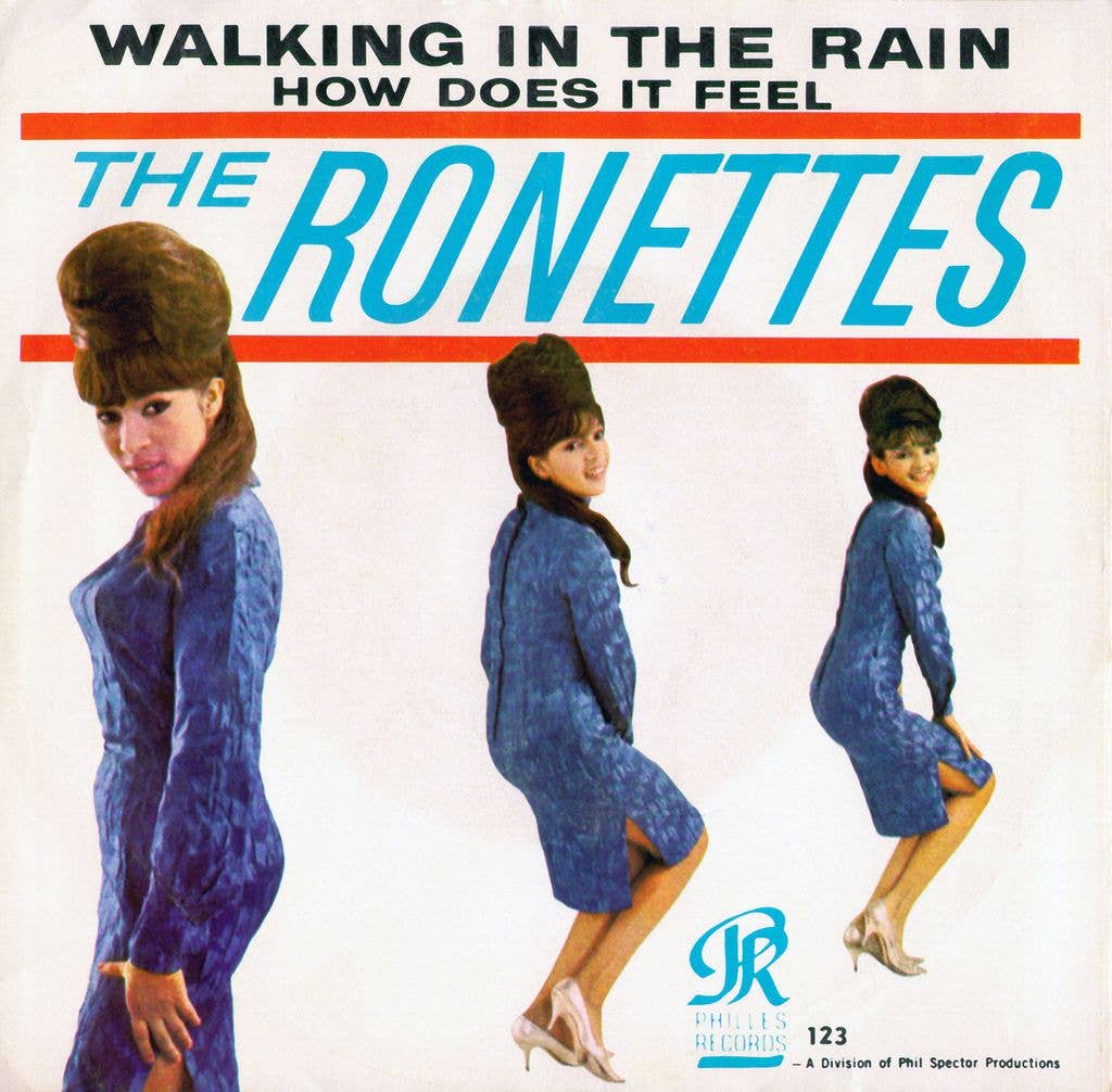 Ronnie Spector, Estelle Bennett Vann, and Nedra Talley Ross pose for a portrait on the cover of the single for their hit song "Walking In The Rain" in 1964.