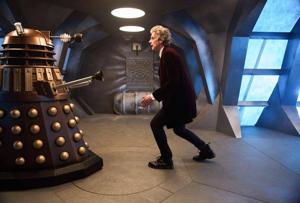 Peter Capaldi facing a Dalek in an episode of Doctor Who