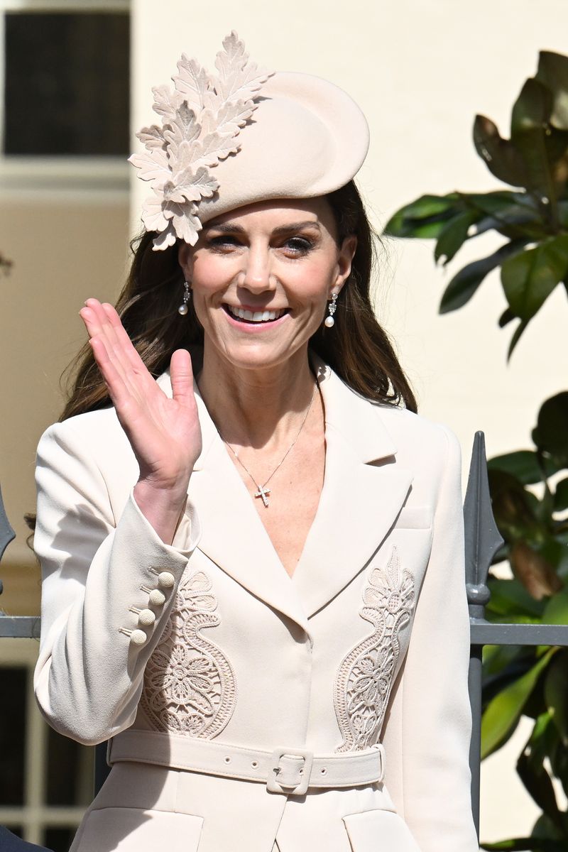 Kate Middleton wearing Bahrain Pearl Drop Earrings and diamond cross necklace at Easter