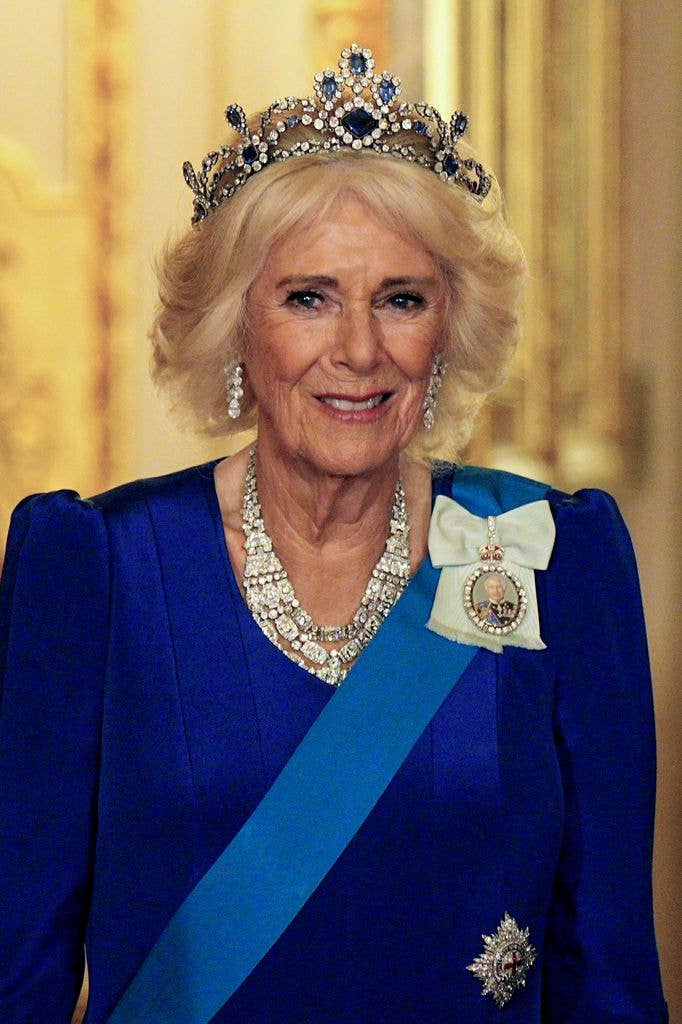 WINDSOR, ENGLAND - SEPTEMBER 17:  Queen Camilla arrives for the State Banquet hosted by King Charles III and members of the Royal Family at Windsor Castle during the state visit by the President of the United States of America on September 17, 2025 in Windsor, England. President Trump is in England from Sept. 16-18 on his second UK state visit, with the previous one taking place in 2019 during his first presidential term.  (Photo by Aaron Chown-WPA Pool/Getty Images)