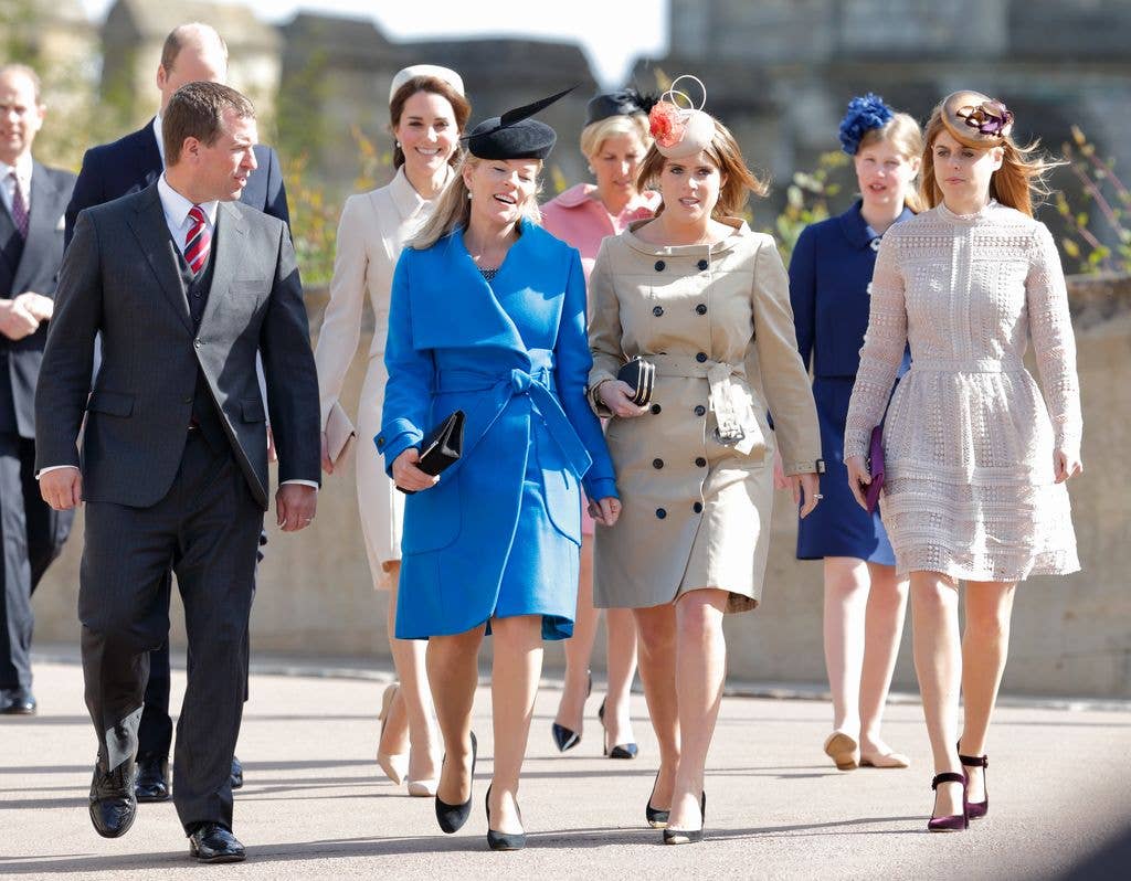 Peter Phillips, Catherine, Duchess of Cambridge, Autumn Phillips, Sophie, Countess of Wessex, Princess Eugenie Lady Louise Windsor and Princess Beatrice walking in group