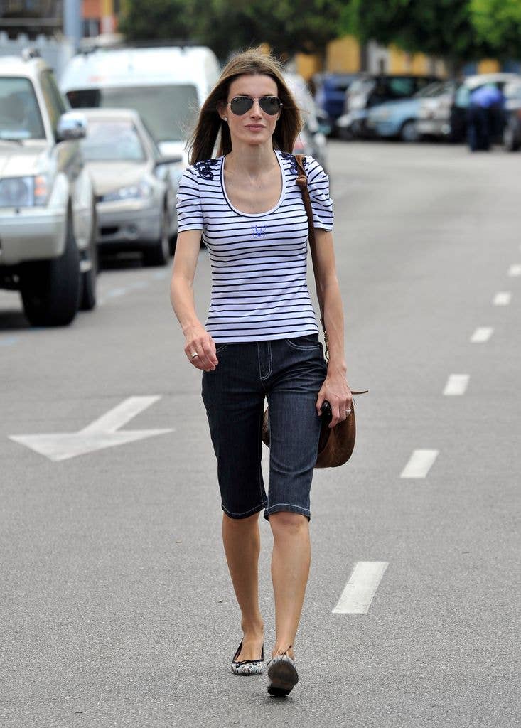 Princess Letizia of Spain arrives at the Club Nautico in denim capris and striped tee