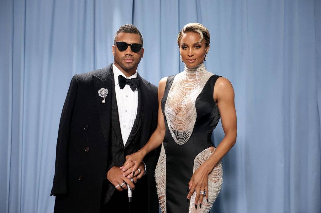Russel Wilson and Ciara attend the 2025 Met Gala Celebrating "Superfine: Tailoring Black Style" at Metropolitan Museum of Art on May 05, 2025 in New York City