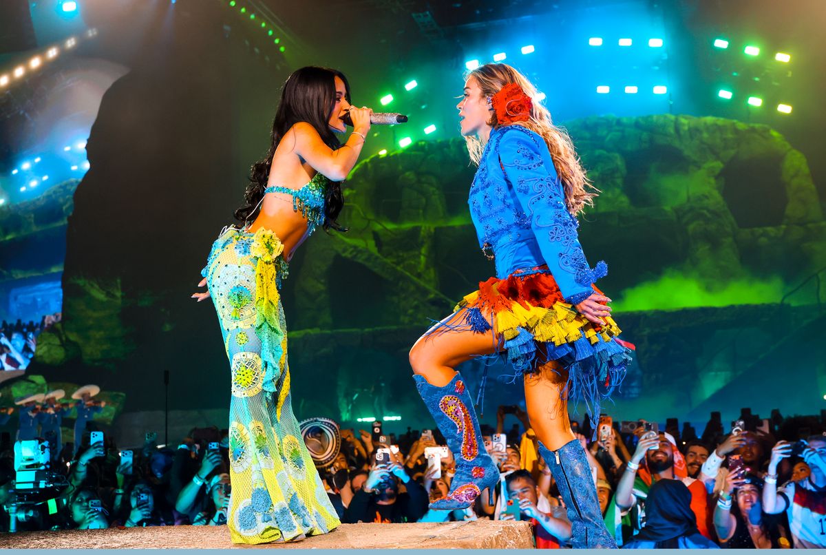 Becky G performs with Karol G at the Coachella Stage during the 2026 Coachella Valley Music and Arts Festival.