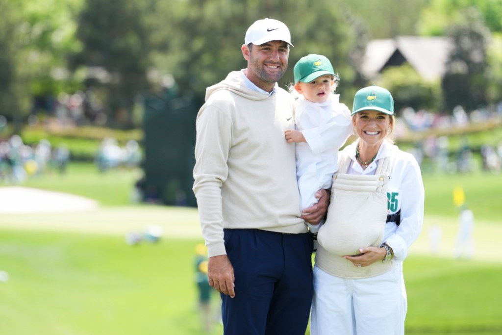 AUGUSTA, GEORGIA - APRIL 08: Scottie Scheffler with his wife, Meredith and children at the Par Three Contest, prior to Masters Tournament at Augusta National Golf Club on April 8, 2026 in Augusta, Georgia. (Photo by Ben Jared/PGA TOUR via Getty Images)
