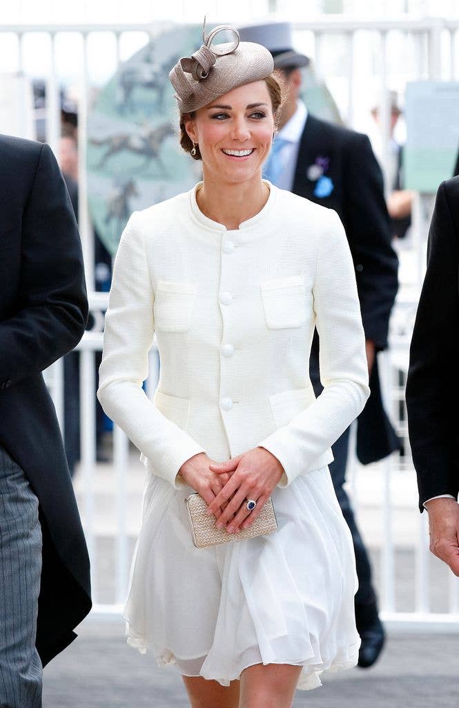 Catherine in white dress and taupe hat at races
