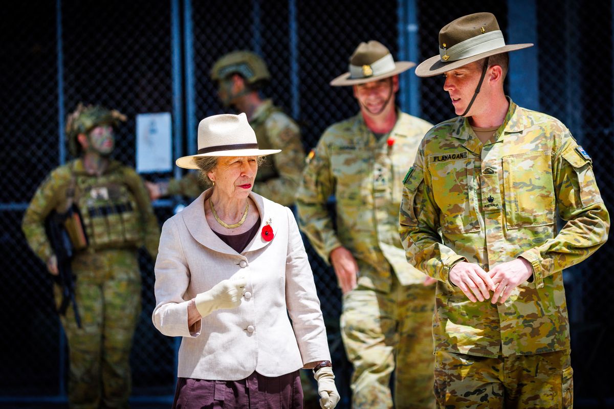 Princess Anne meets soldiers from the Australian Defence Force during a Remembrance Day service at Gallipoli Barracks in Brisbaned on November 11, 2025. 