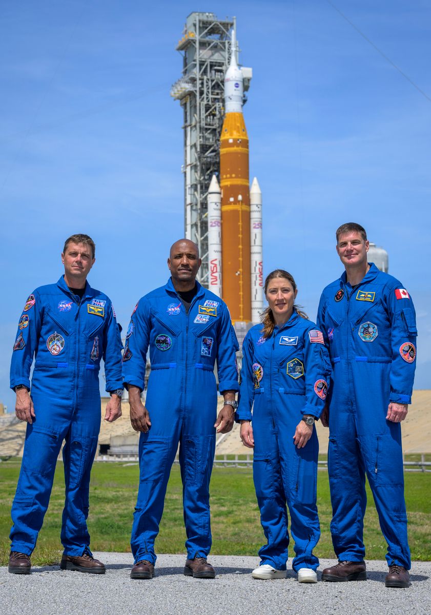 NASA astronauts Reid Wiseman, Artemis II commander, left, Victor Glover, Artemis II pilot, Christina Koch, Artemis II mission specialist, and CSA (Canadian Space Agency) astronaut Jeremy Hansen, Artemis II mission specialist.
