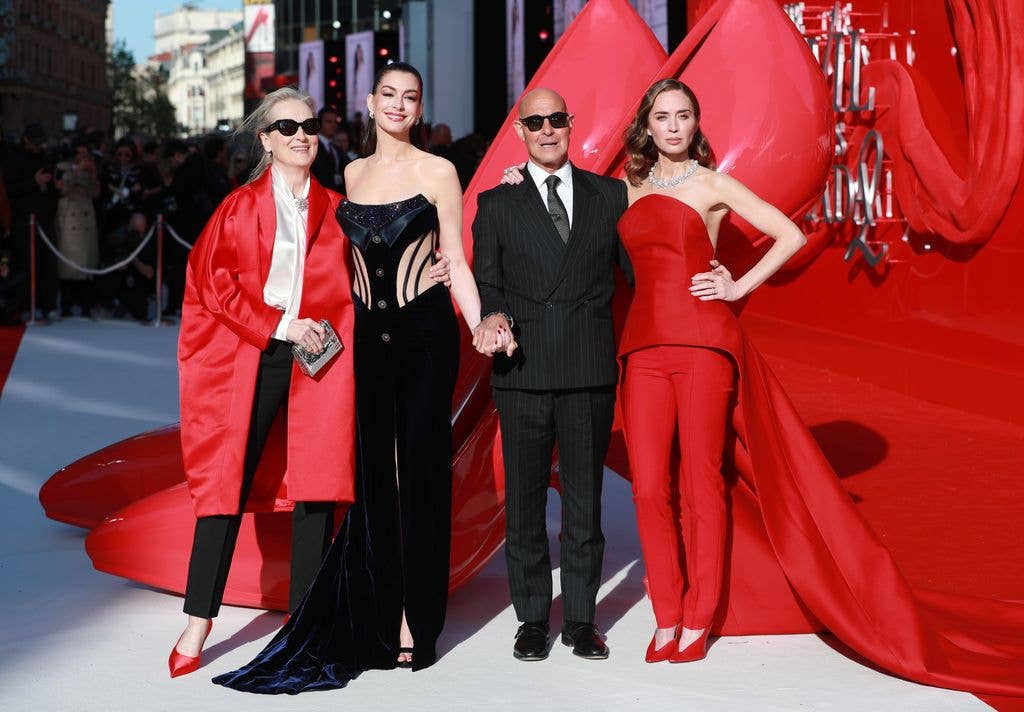 Meryl Streep, Anne Hathaway, Stanley Tucci and Emily Blunt attend the European Premiere of "The Devil Wears Prada 2" in Leicester Square on April 22, 2026 in London, England